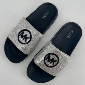 Michael Kors Girl’s Slide Sandals Silver Rhinestones MK Logo 3